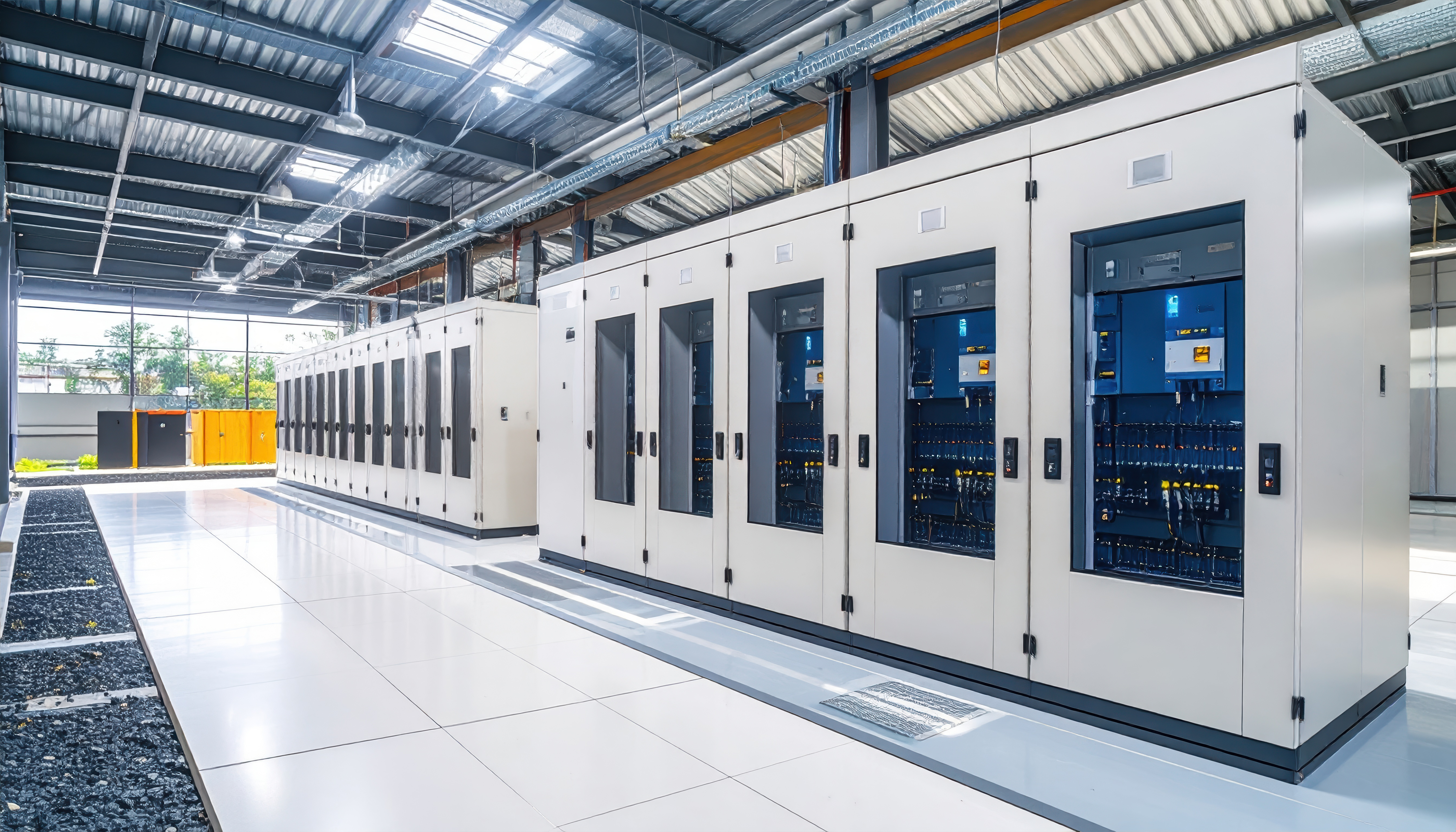 Data center server rack room with white floor and modern design, high technology equipment with blue lights inside cabinets, clean and bright environment