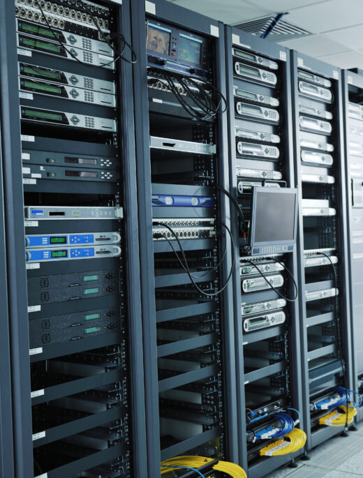 network server room with computers for digital tv ip communications and internet
