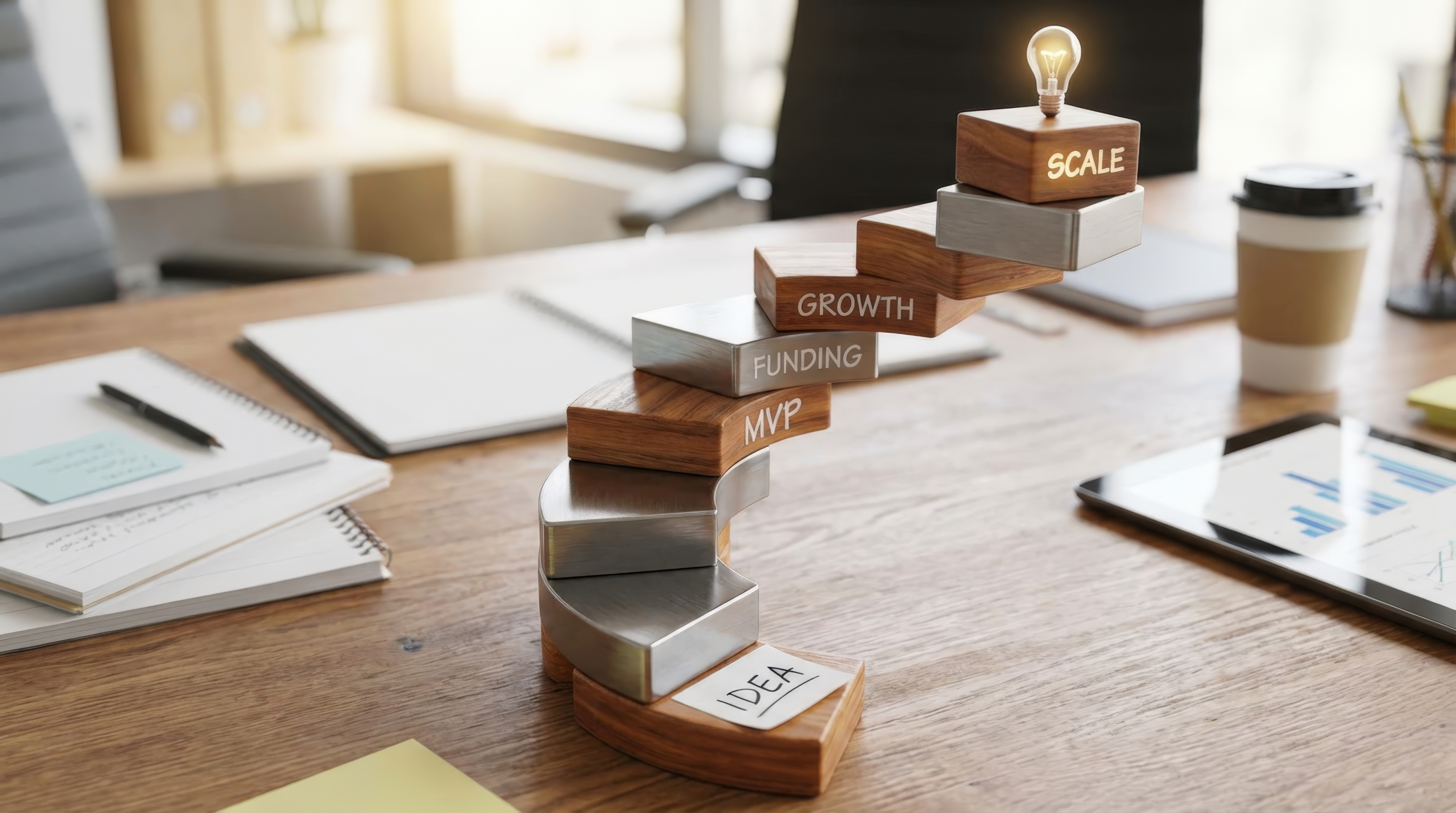 Wooden block with light bulb on top of it and the words.