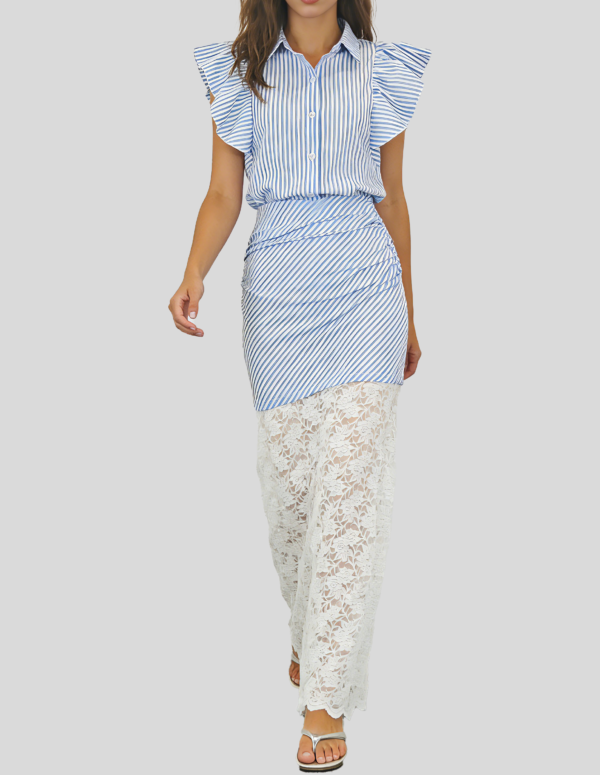 Women's Fashionable Flutter Sleeve Blue and White Striped Lace Bodycon Skirt Set