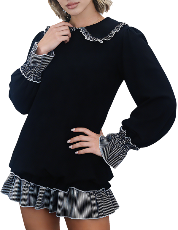 Women's fashionable black and white striped color-blocked dress with Peter Pan collar and open back
