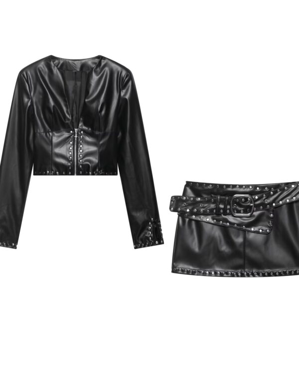 V-rivet short waist exposed jacket+high waist short skirt set